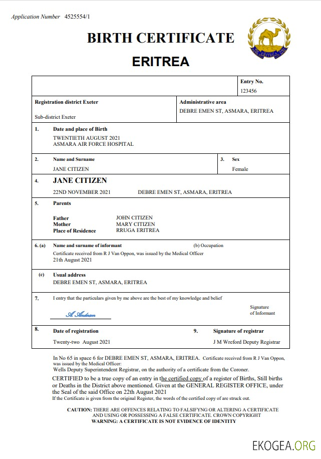 Modèle Word et PDF d'acte de naissance de l'état civil de l'Érythrée